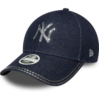 Casquette courbée bleue marine ajustable pour femme 9FORTY Sequin Denim New York Yankees MLB New Era