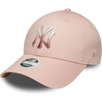 Verstellbare rosa Damenkappe mit gebogenem Schirm 9FORTY Metallic Logo der New York Yankees MLB von New Era