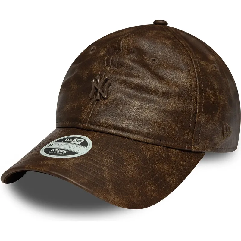 braune-verstellbare-curved-cap-fur-damen-mit-braunem-logo-9twenty-worn-pu-der-new-york-yankees-mlb-von-new-era