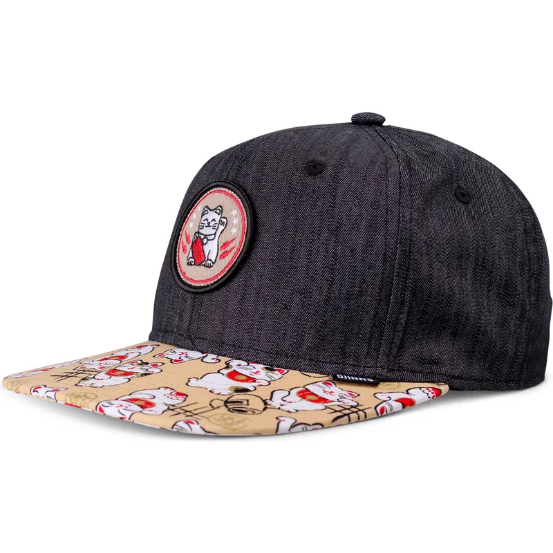cappello-piatto-nero-e-multicolore-snapback-per-bambino-lucky-cat-linen-rev-di-djinns