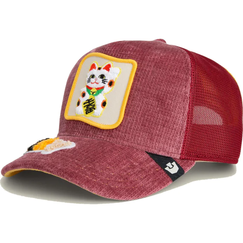 cappello-trucker-rosso-gatto-lucky-maneki-neko-happy-thoughts-the-farm-di-goorin-bros