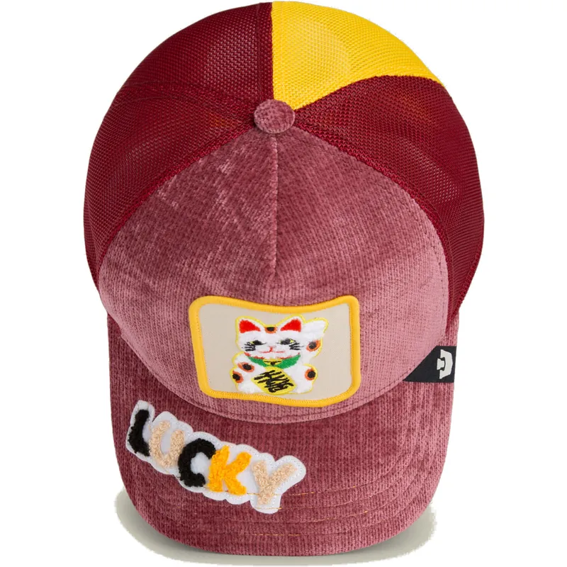 cappello-trucker-rosso-gatto-lucky-maneki-neko-happy-thoughts-the-farm-di-goorin-bros
