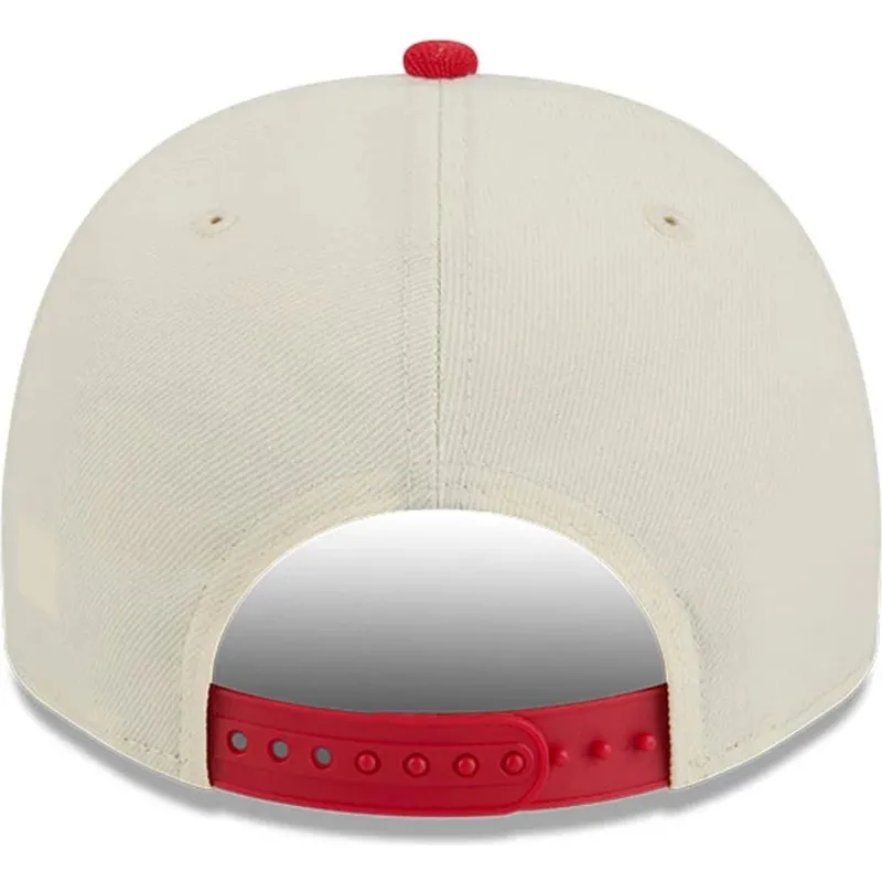 cappellino-visiera-curva-beige-e-rosso-snapback-9fifty-a-frame-precurved-hardwood-classics-di-houston-rockets-nba-di-new-era