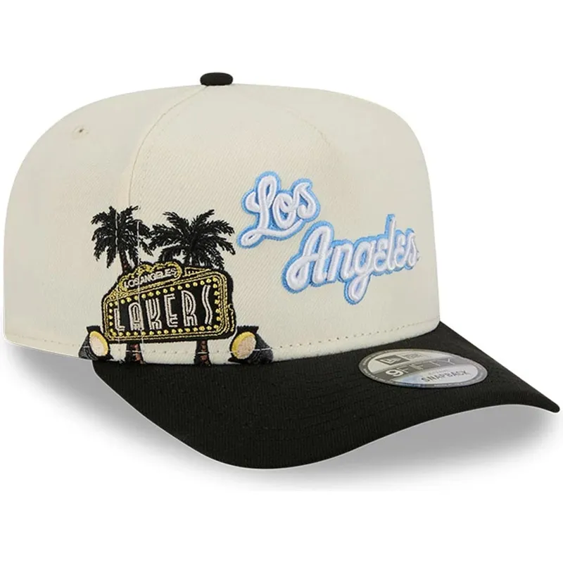 cappellino-beige-e-nero-snapback-9fifty-a-frame-precurved-hardwood-classics-dei-los-angeles-lakers-nba-di-new-era