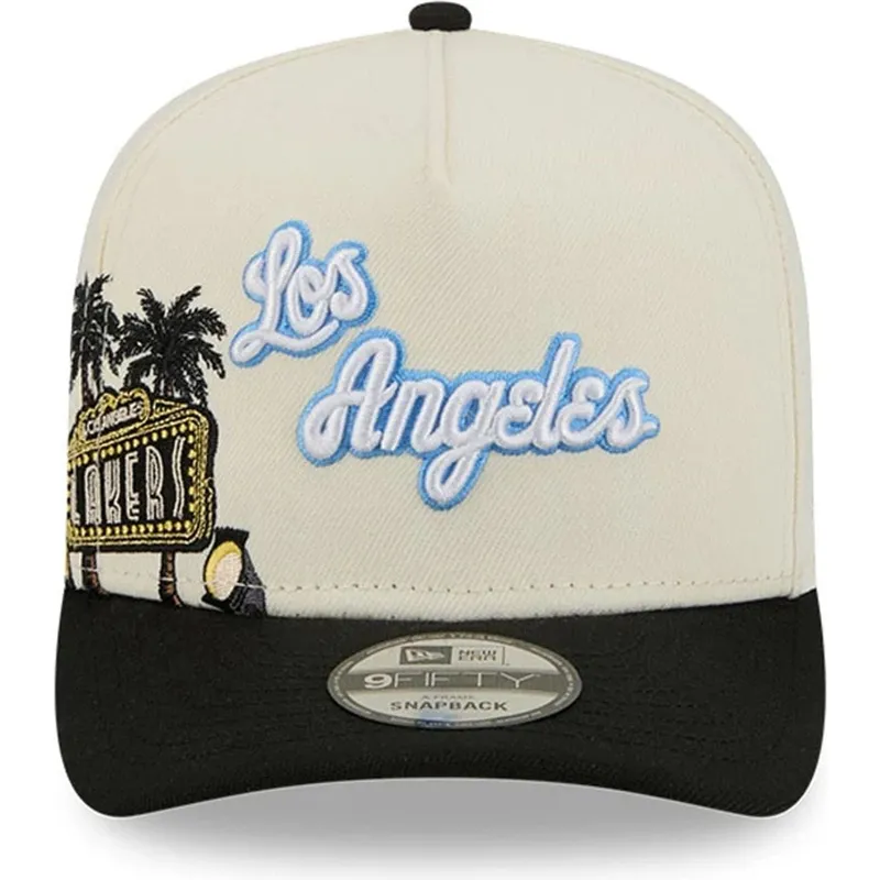 cappellino-curvo-beige-e-nero-snapback-9fifty-a-frame-precurved-hardwood-classics-dei-los-angeles-lakers-nba-di-new-era