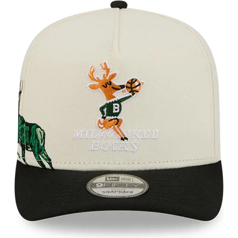 cappellino-beige-e-nero-snapback-9fifty-a-frame-precurved-hardwood-classics-dei-milwaukee-bucks-nba-di-new-era