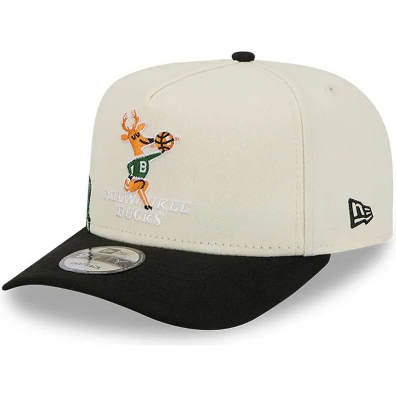 cappellino-beige-e-nero-snapback-9fifty-a-frame-precurved-hardwood-classics-dei-milwaukee-bucks-nba-di-new-era