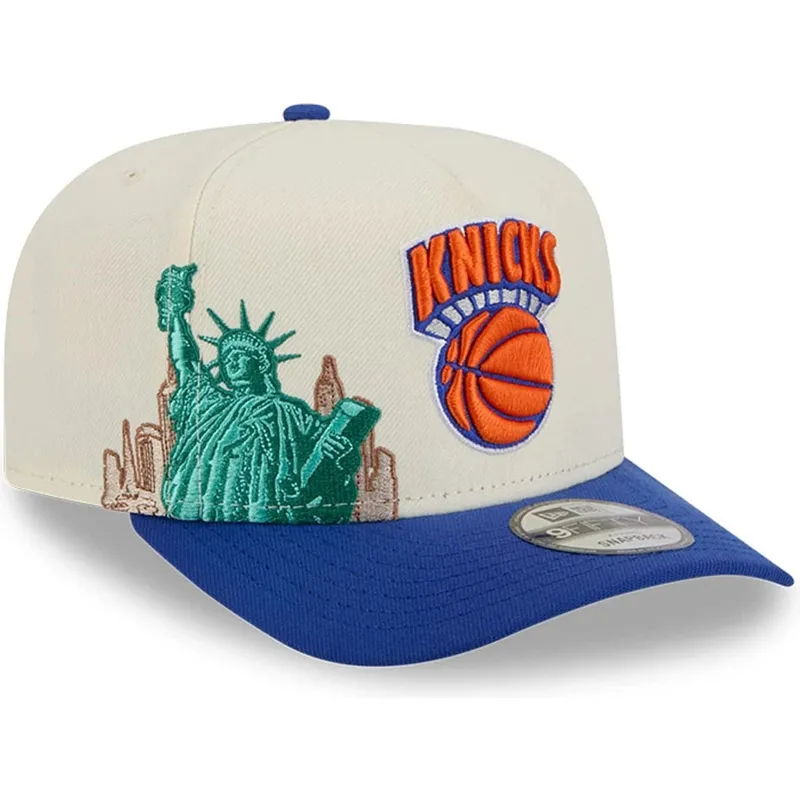 cappellino-curvo-beige-e-blu-snapback-9fifty-a-frame-precurved-hardwood-classics-dei-new-york-knicks-nba-di-new-era