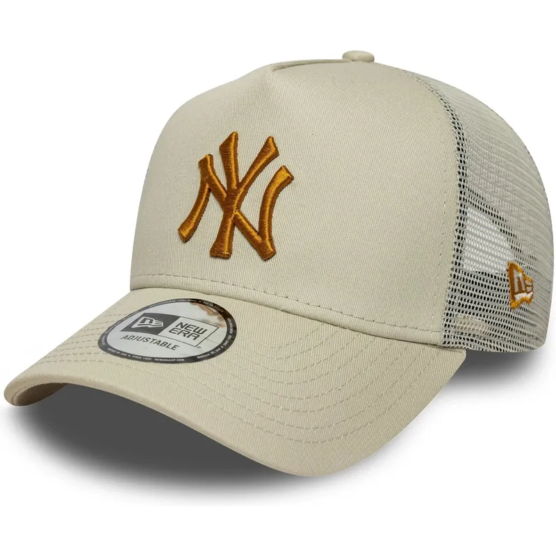 casquette-trucker-beige-avec-logo-marron-a-frame-league-essential-new-york-yankees-mlb-new-era