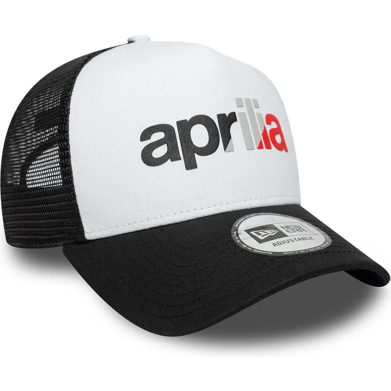 cappellino-trucker-bianco-e-nero-a-frame-wordmark-di-aprilia-piaggio-di-new-era
