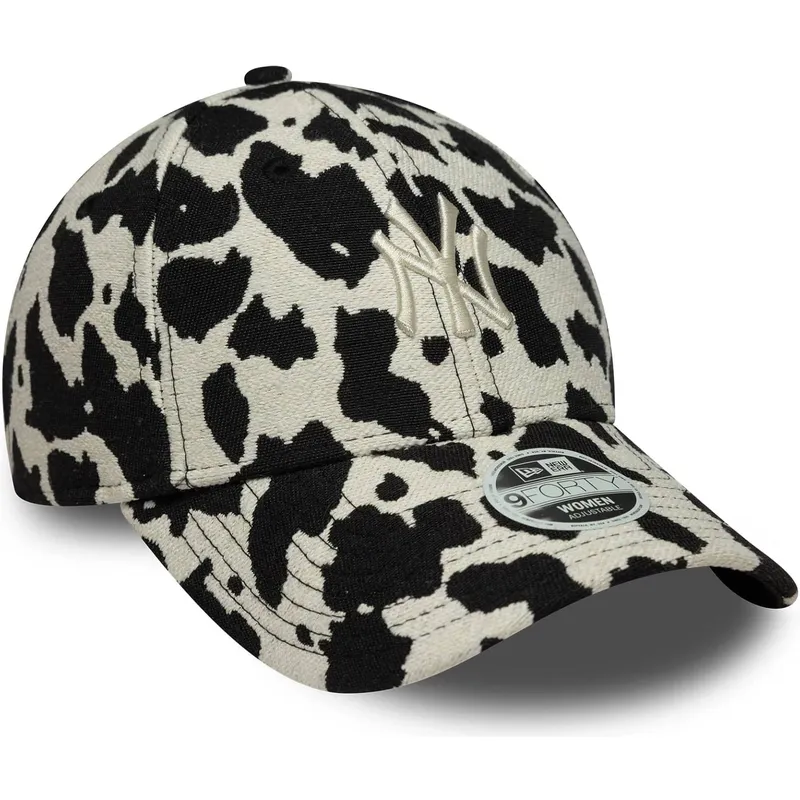 schwarze-und-weisse-verstellbare-curved-cap-fur-damen-9forty-cow-midi-der-new-york-yankees-mlb-von-new-era