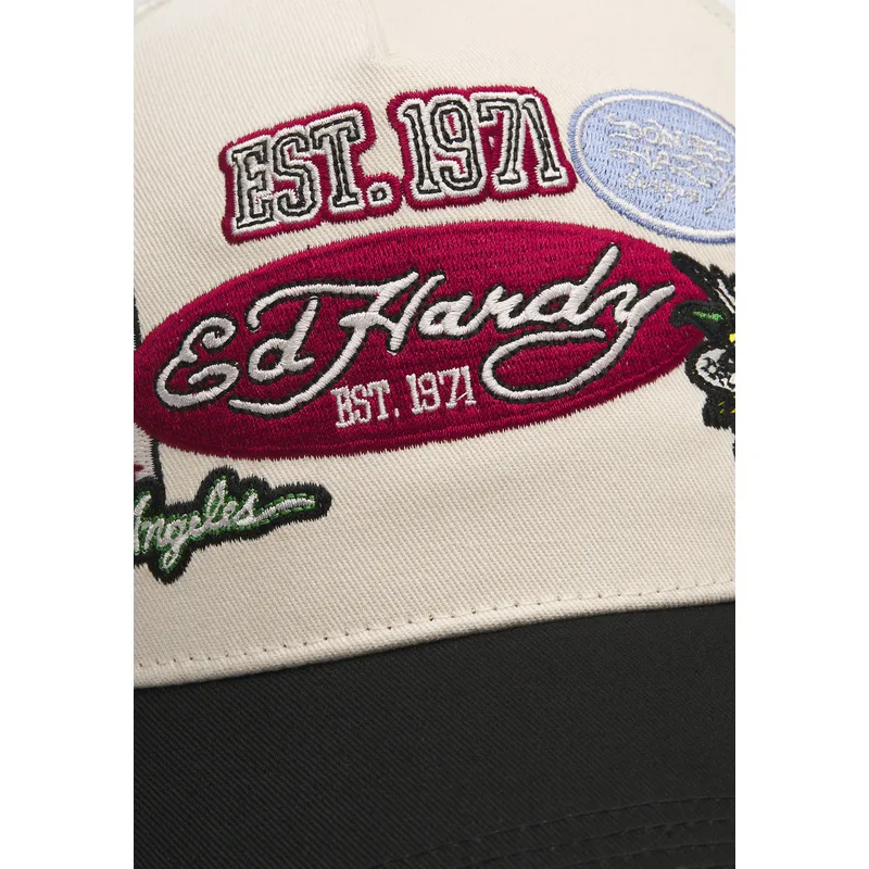 ed-hardy-est-1971-varsity-badge-beige-and-black-trucker-hat