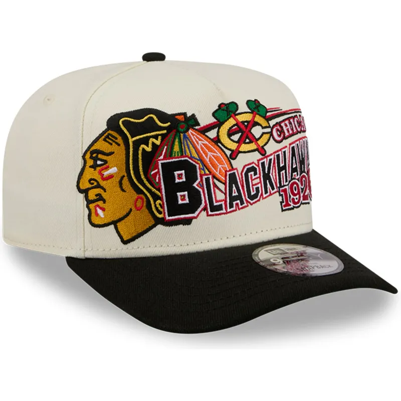 cappellino-visiera-curva-beige-e-nero-snapback-9fifty-a-frame-classic-di-chicago-blackhawks-nhl-di-new-era