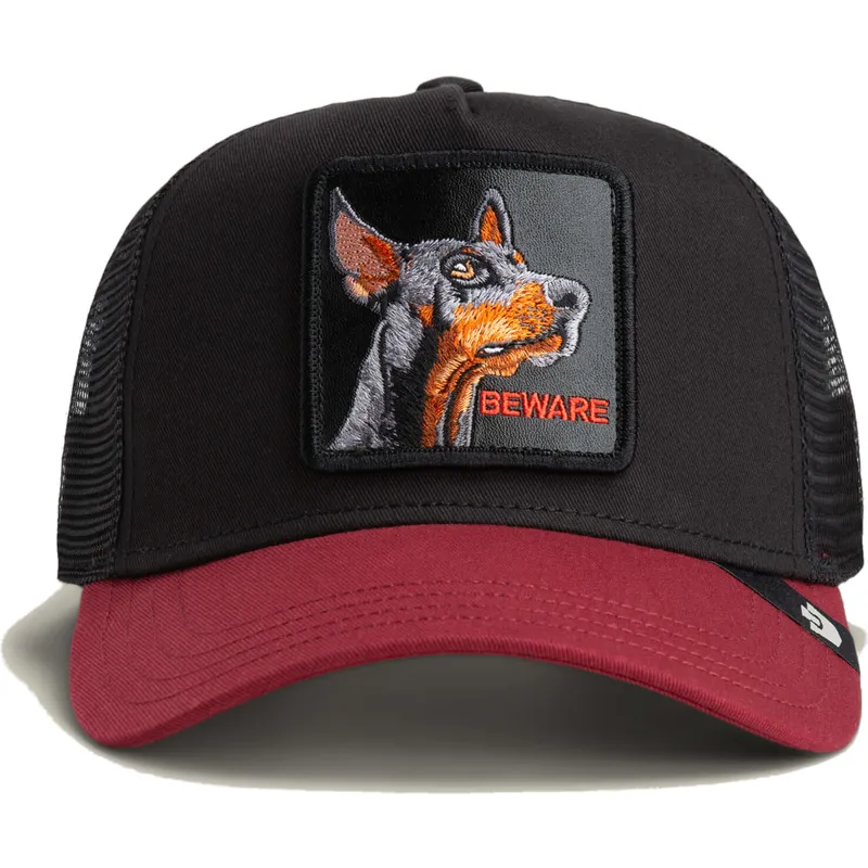 cappellino-trucker-nero-e-rosso-cane-dobermann-beware-the-farm-di-goorin-bros
