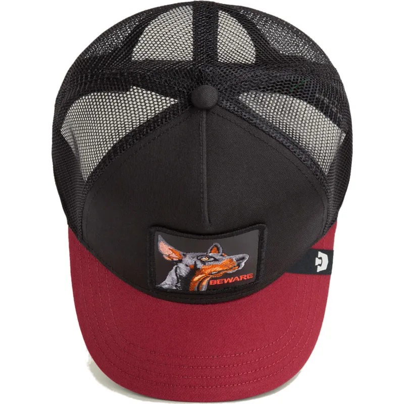 trucker-cap-schwarz-und-rot-dobermann-hund-beware-the-farm-von-goorin-bros