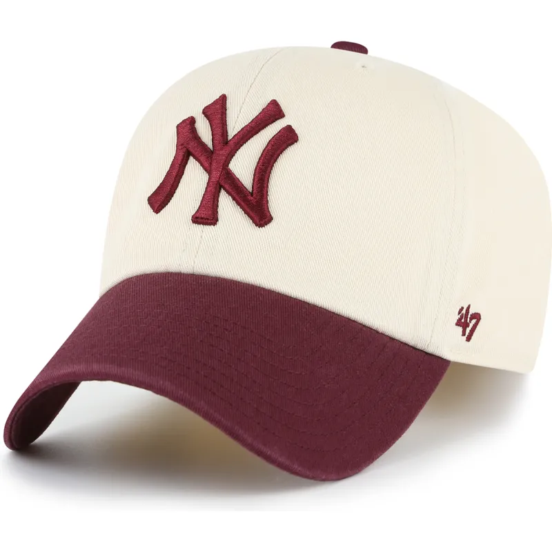 beige-und-weinrote-verstellbare-curved-cap-clean-up-two-tone-no-loop-label-der-new-york-yankees-mlb-von-47-brand