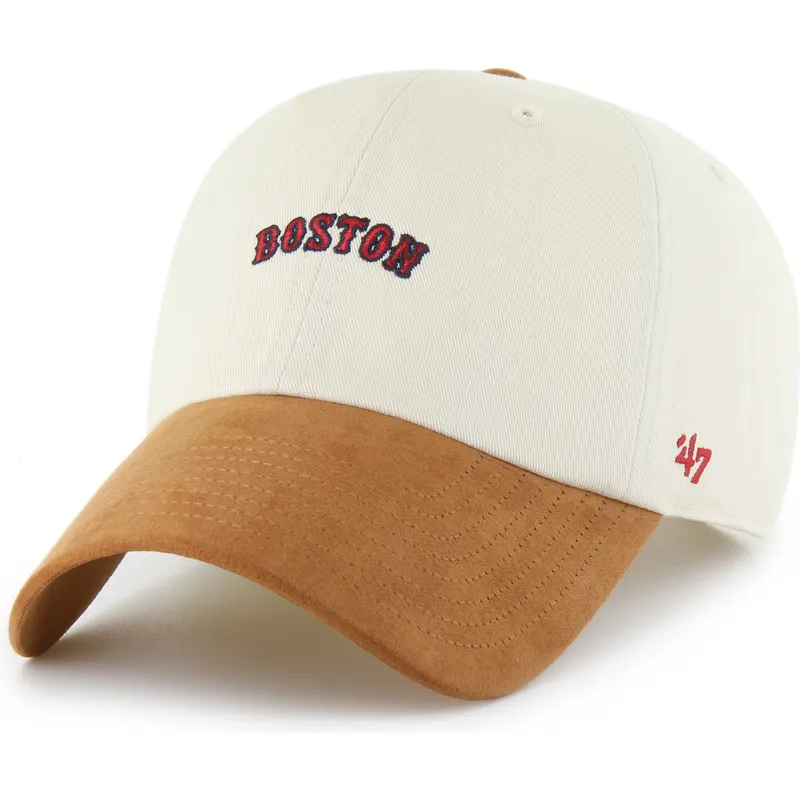 47-brand-curved-brim-clean-up-mini-script-suede-visor-boston-red-sox-mlb-beige-and-brown-adjustable-cap