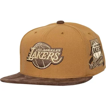Cappello piatto marrone regolabile Coffee Strapback dei Los Angeles Lakers NBA di Mitchell & Ness