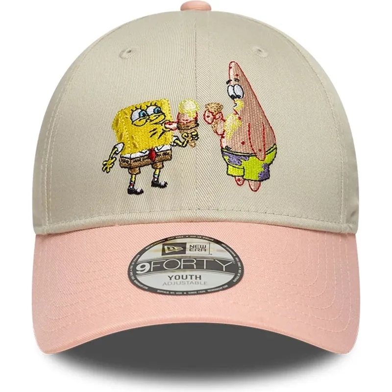 beige-und-rosa-gebogene-snapback-kappe-fur-kinder-9forty-von-spongebob-und-patrick-star-von-new-era