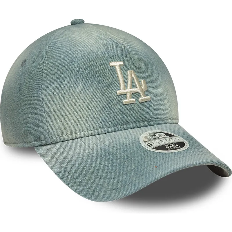 blaue-gebogene-verstellbare-damenkappe-9twenty-a-frame-denim-der-los-angeles-dodgers-mlb-von-new-era