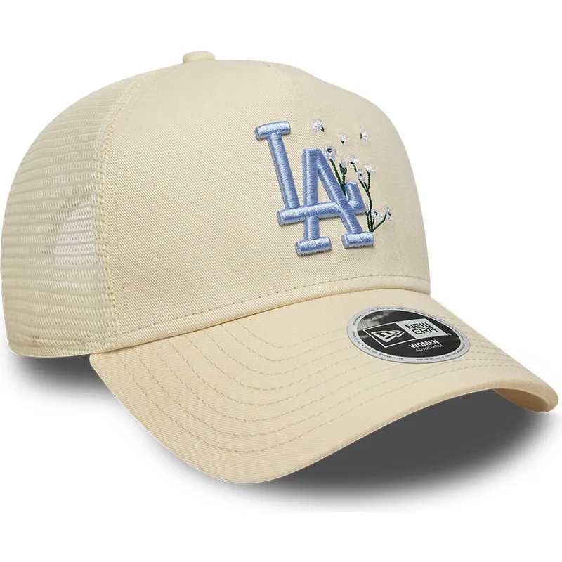 casquette-trucker-beige-avec-logo-bleu-pour-femme-9forty-a-frame-floral-los-angeles-dodgers-mlb-new-era