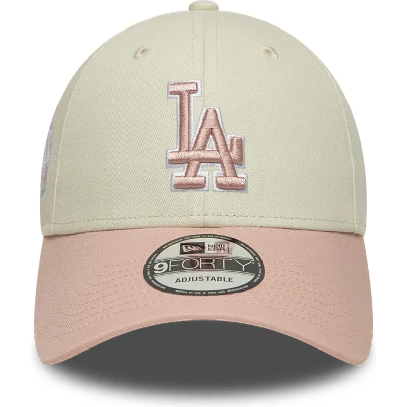new-era-curved-brim-pink-logo-9forty-world-series-patch-los-angeles-dodgers-mlb-beige-and-pink-adjustable-cap