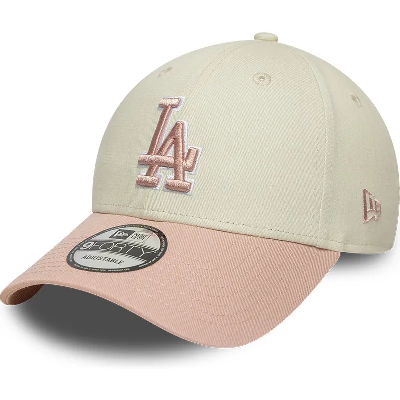 casquette-courbee-beige-et-rose-ajustable-avec-logo-rose-9forty-world-series-patch-los-angeles-dodgers-mlb-new-era