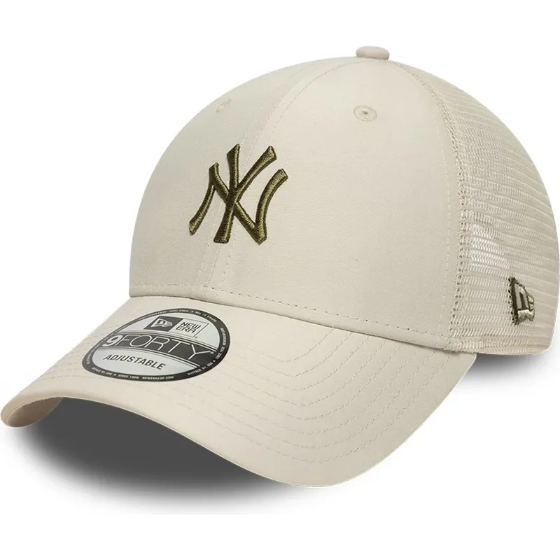 beige-verstellbare-trucker-kappe-mit-grunem-logo-9forty-homefield-midi-der-new-york-yankees-mlb-von-new-era