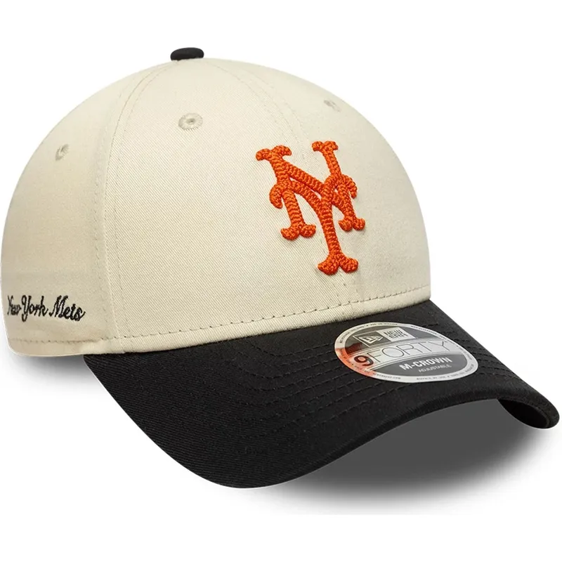 beige-und-schwarze-gebogene-snapback-kappe-9forty-m-crown-side-script-der-new-york-mets-mlb-von-new-era