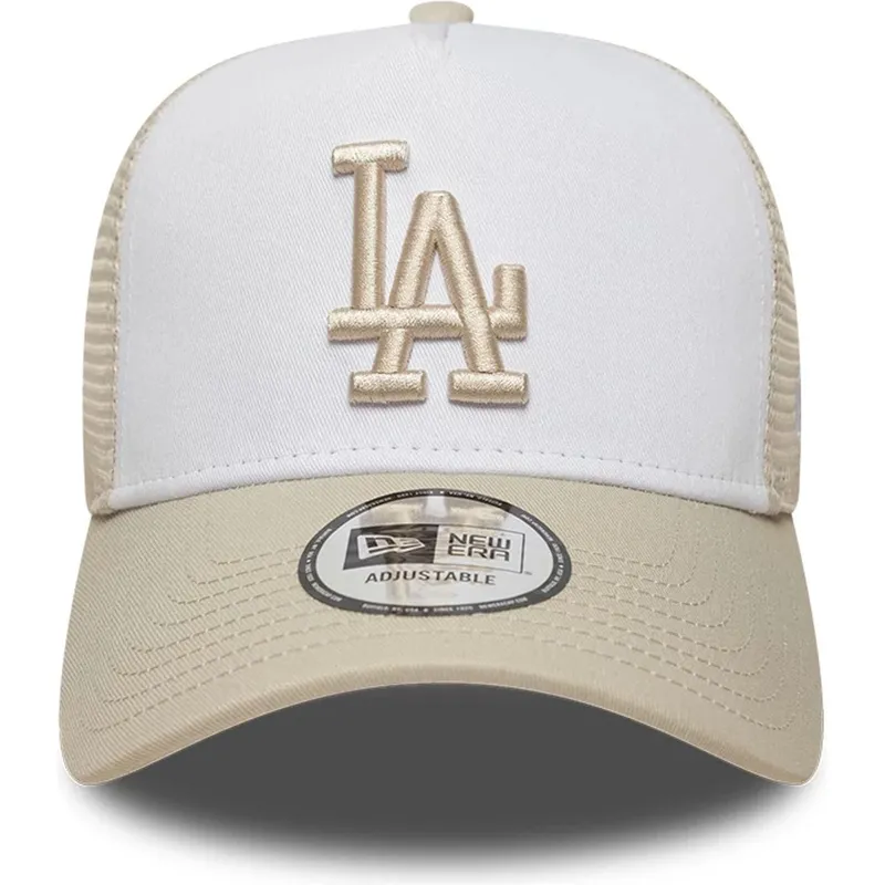 new-era-a-frame-league-essential-los-angeles-dodgers-mlb-beige-and-white-trucker-hat-with-beige-logo