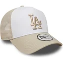 casquette-trucker-beige-et-blanche-avec-logo-beige-a-frame-league-essential-los-angeles-dodgers-mlb-new-era