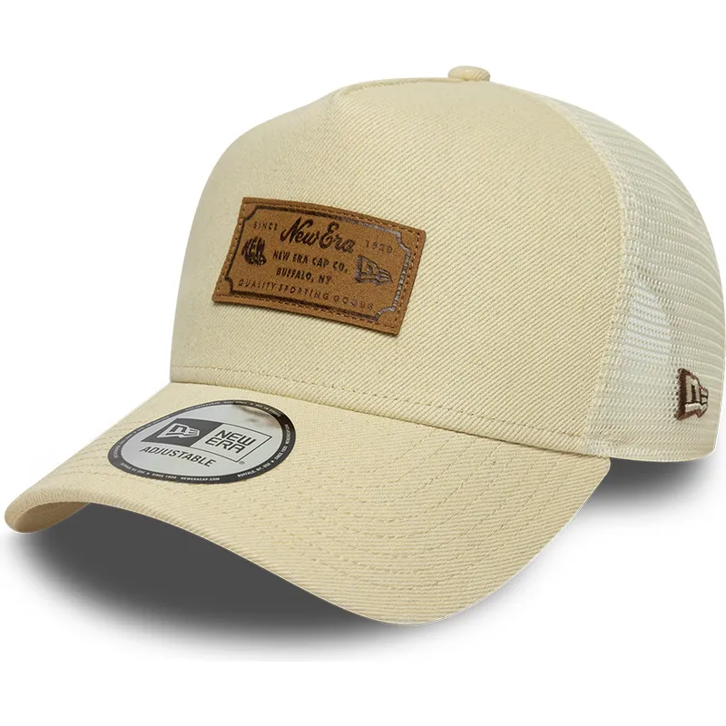 new-era-a-frame-denim-leather-patch-beige-trucker-hat