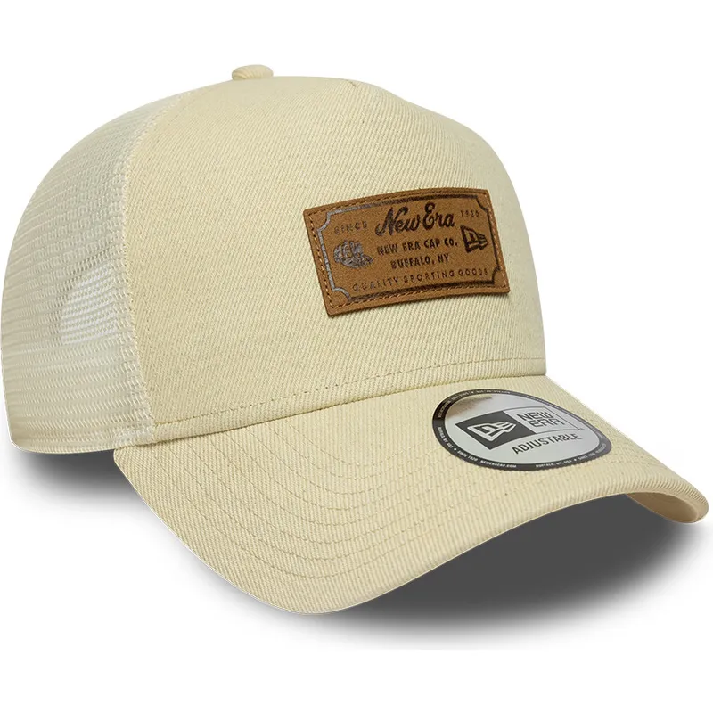 trucker-cap-beige-a-frame-denim-leather-patch-von-new-era