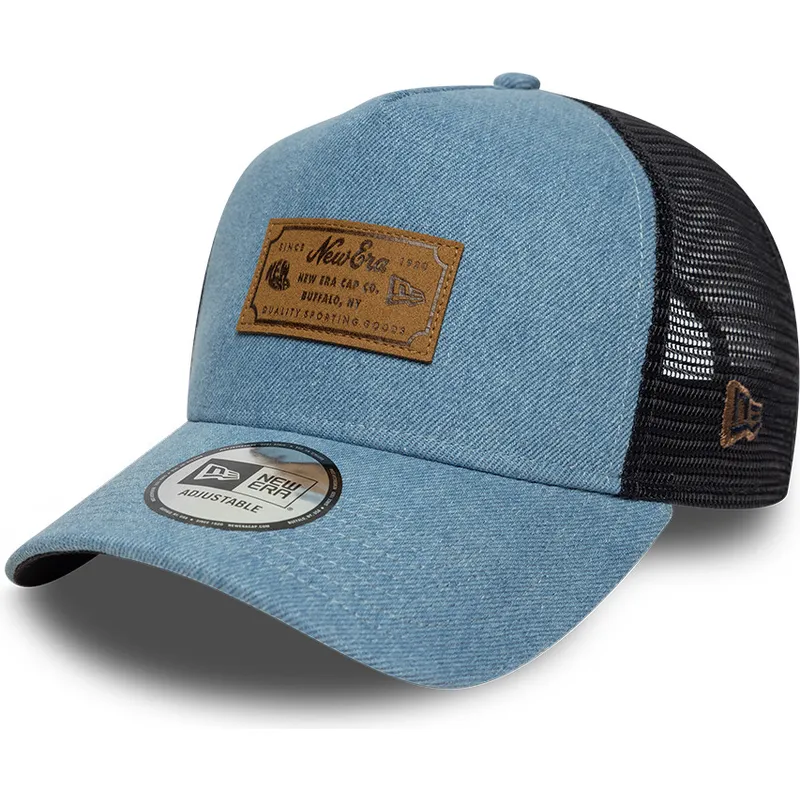 new-era-a-frame-denim-leather-patch-blue-trucker-hat