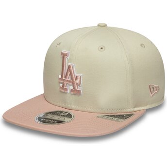Casquette plate beige snapback avec logo rose 9FIFTY Original Fit World Series Patch Los Angeles Dodgers MLB New Era