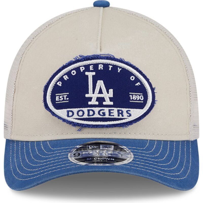 beige-und-blaue-trucker-kappe-9forty-m-crown-a-frame-fray-der-los-angeles-dodgers-mlb-von-new-era