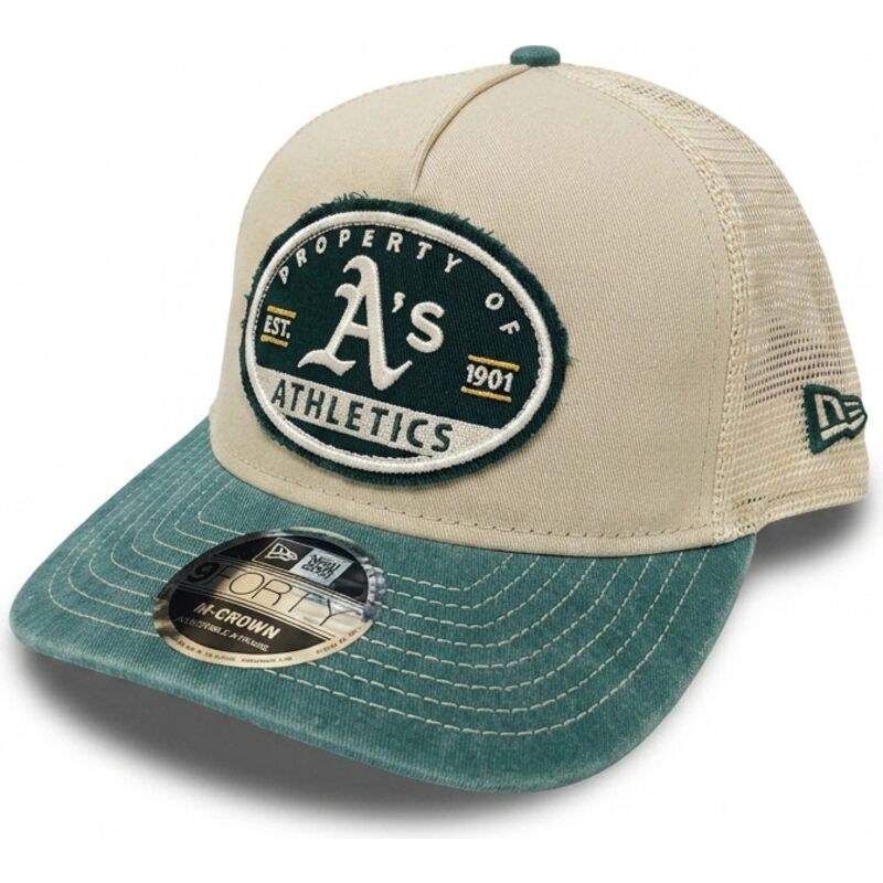 casquette-trucker-beige-et-verte-9forty-m-crown-a-frame-fray-oakland-athletics-mlb-new-era