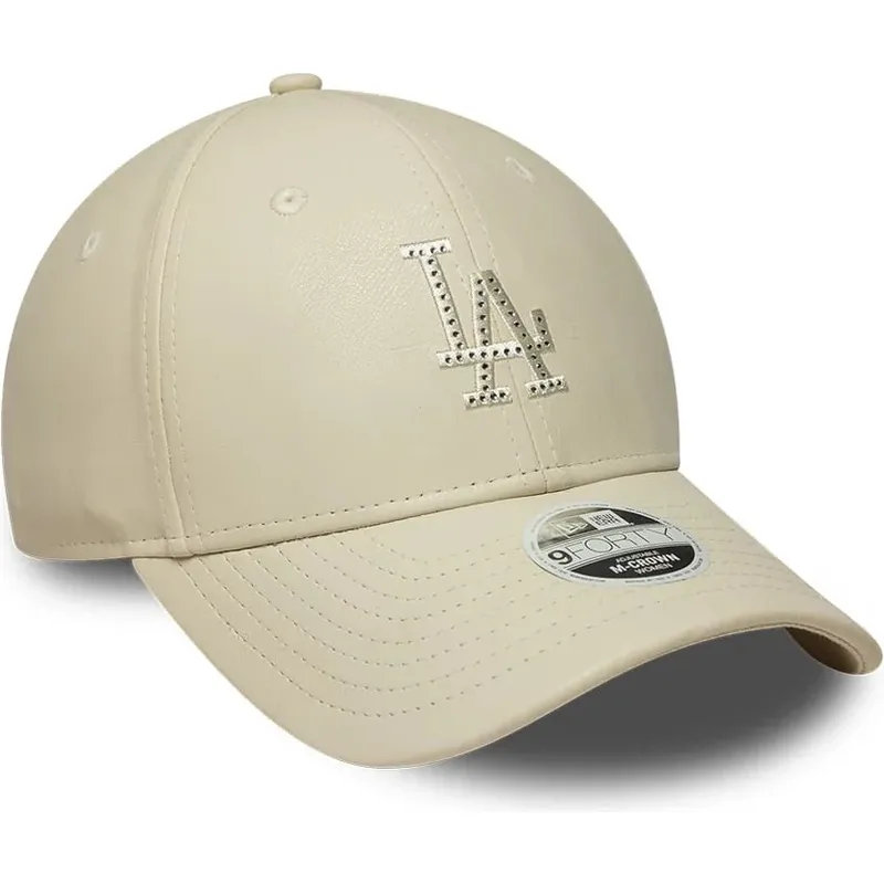 casquette-courbee-beige-snapback-pour-femme-avec-logo-beige-9forty-m-crown-pu-diamante-los-angeles-dodgers-mlb-new-era