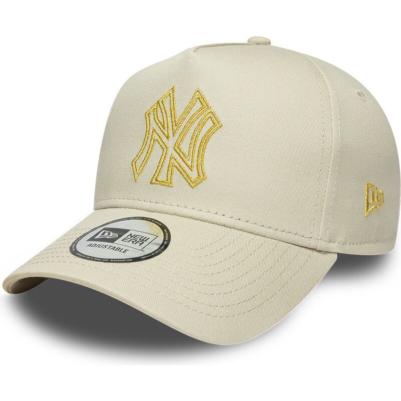 casquette-courbee-beige-snapback-avec-logo-dore-e-frame-metallic-outline-new-york-yankees-mlb-new-era
