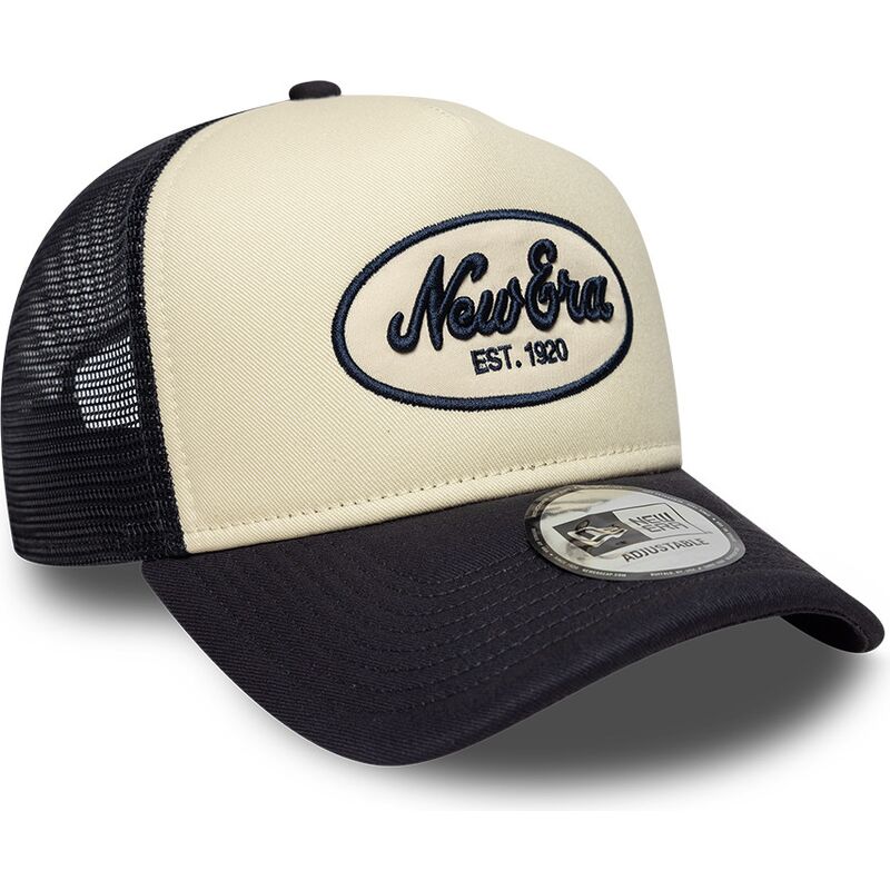 casquette-trucker-bleue-marine-et-beige-a-frame-oval-foam-patch-new-era