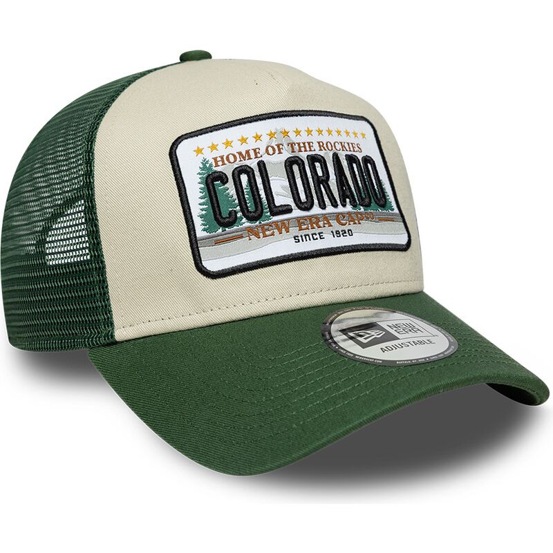 casquette-trucker-verte-et-beige-a-frame-license-plate-colorado-new-era casquette-trucker-verte-et-beige-a-frame-license-plate-colorado-new-era