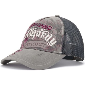 Mützen gebogen grau snapback Floral Tattoo City Vintage Wash von Ed Hardy