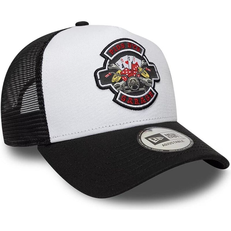 casquette-trucker-noire-et-blanche-a-frame-location-icon-pigs-eye-garage-new-era