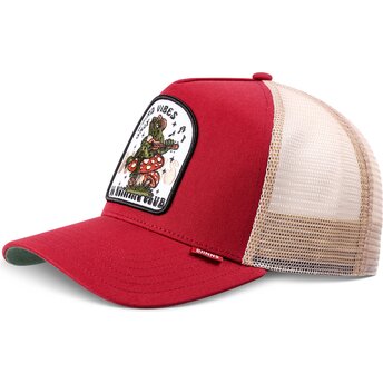 Casquette trucker rouge et beige HFT Do Nothing Club Weird Vibes Frog Djinns
